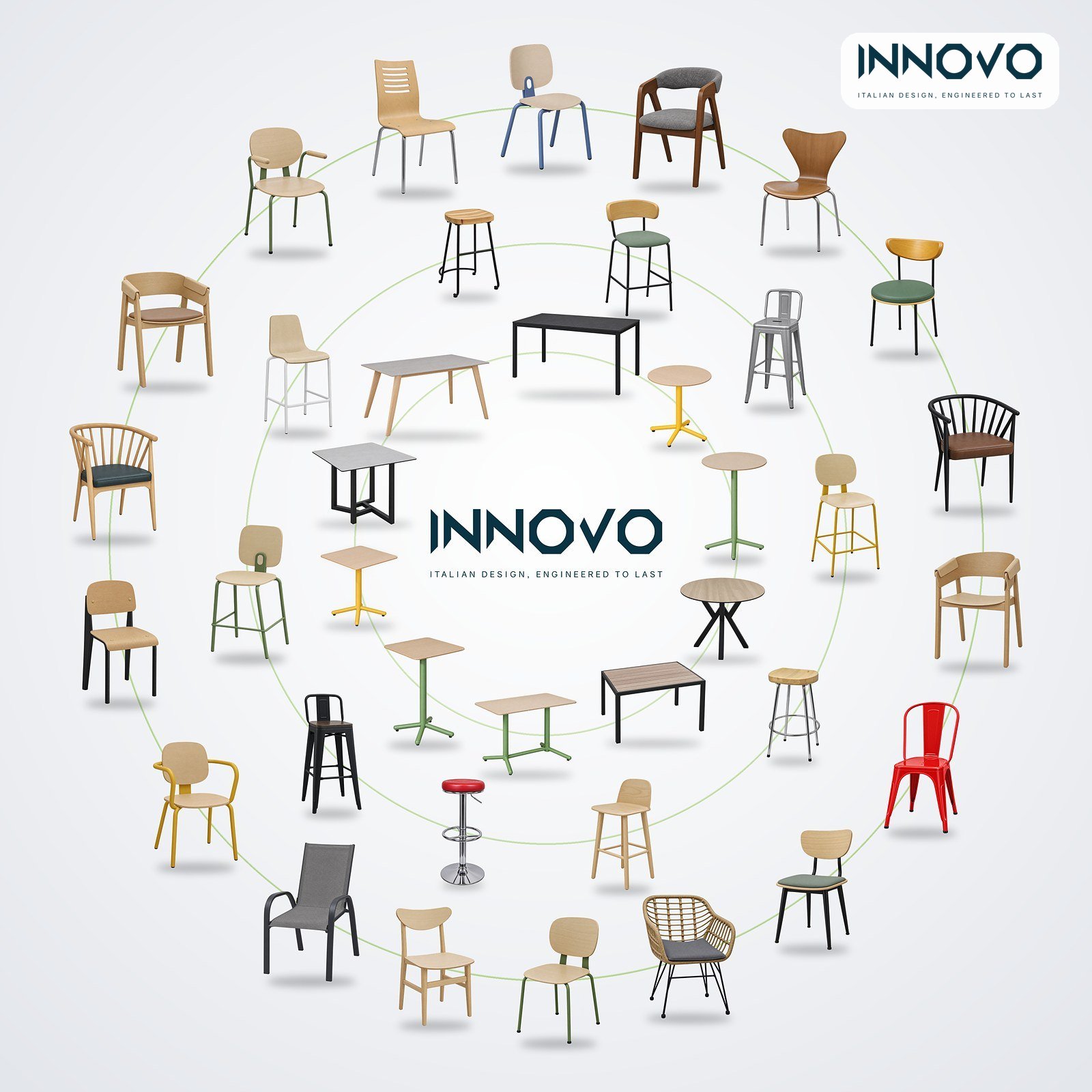 INNOVO restaurant chairs, bar stools and tables arranged in three circles around the INNOVO logo